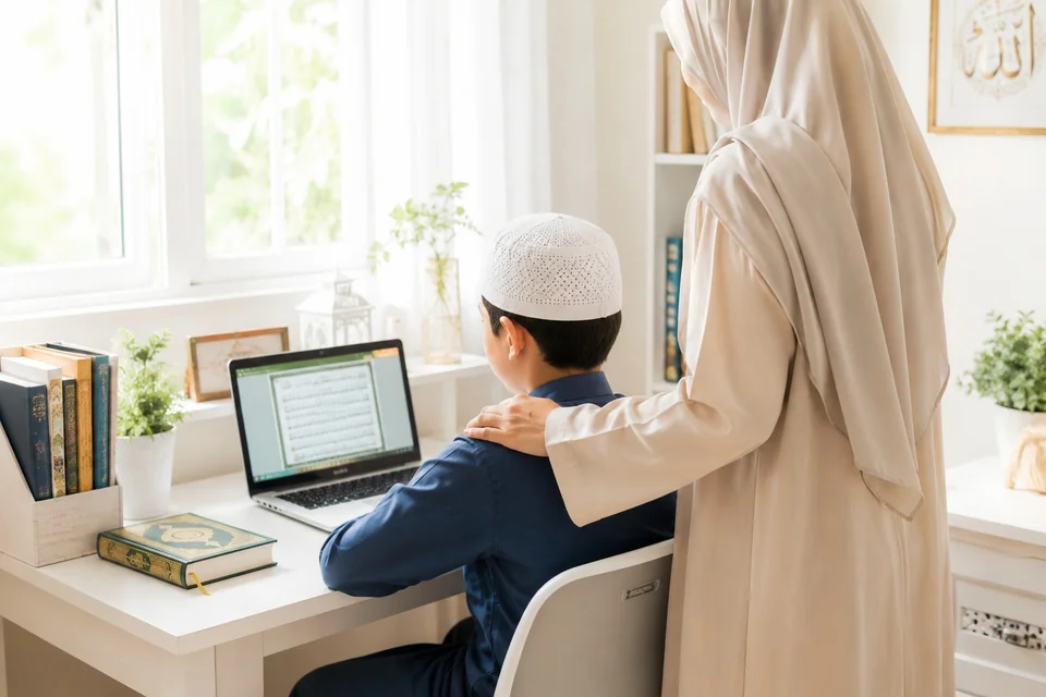 Un enfant accompagné par un adulte suit un cours en ligne.